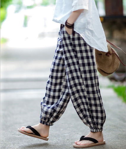 Summer Vintage Linen Plaid Elastic Waist Pants