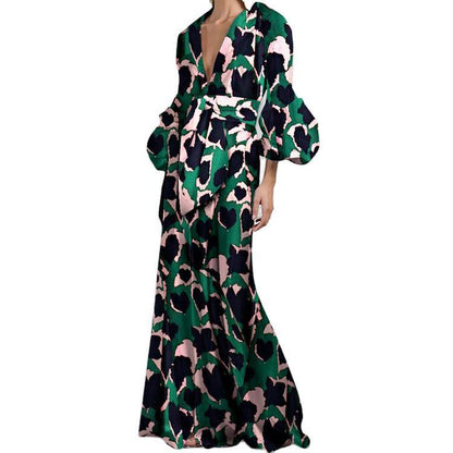 Women Floral Print Long Sleeves V Neck Long Dresses