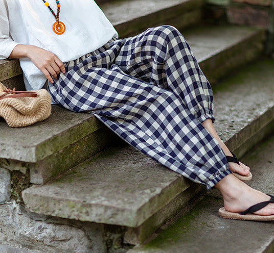Summer Vintage Linen Plaid Elastic Waist Pants