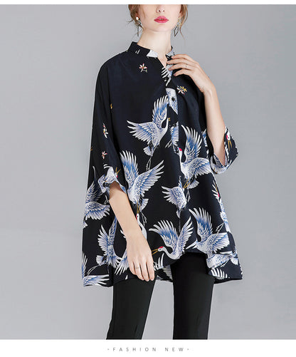 Summer Red-crowned Crane Designed Plus Sizes Women Shirts
