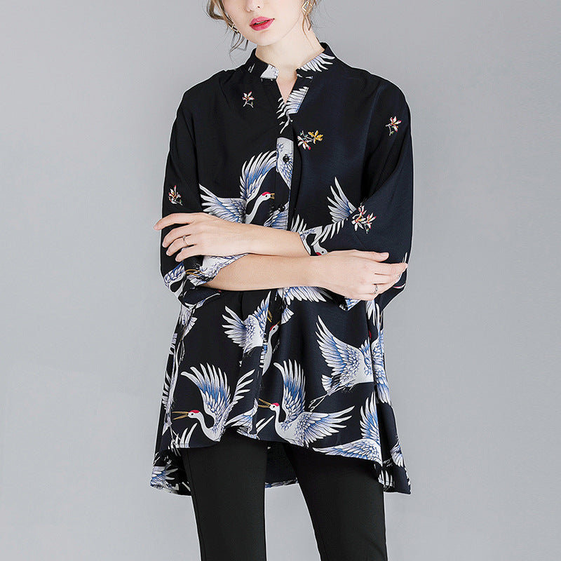 Summer Red-crowned Crane Designed Plus Sizes Women Shirts