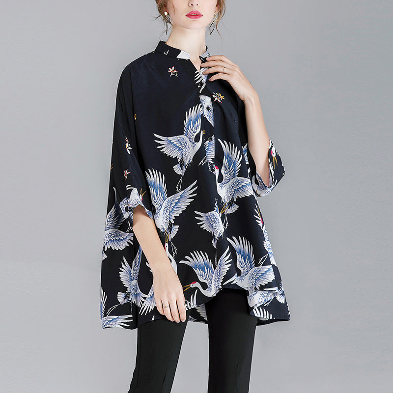 Summer Red-crowned Crane Designed Plus Sizes Women Shirts