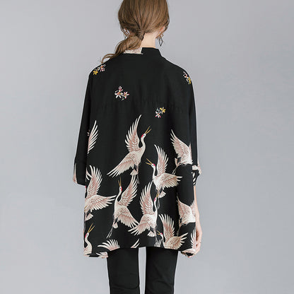 Summer Red-crowned Crane Designed Plus Sizes Women Shirts