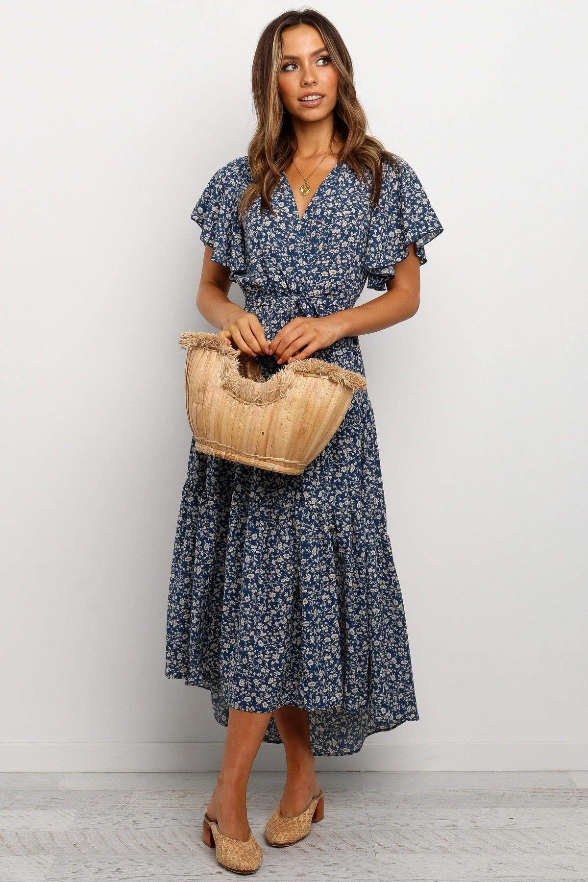 Women Short Sleeves V Neck Midi Dresses-STYLEGOING