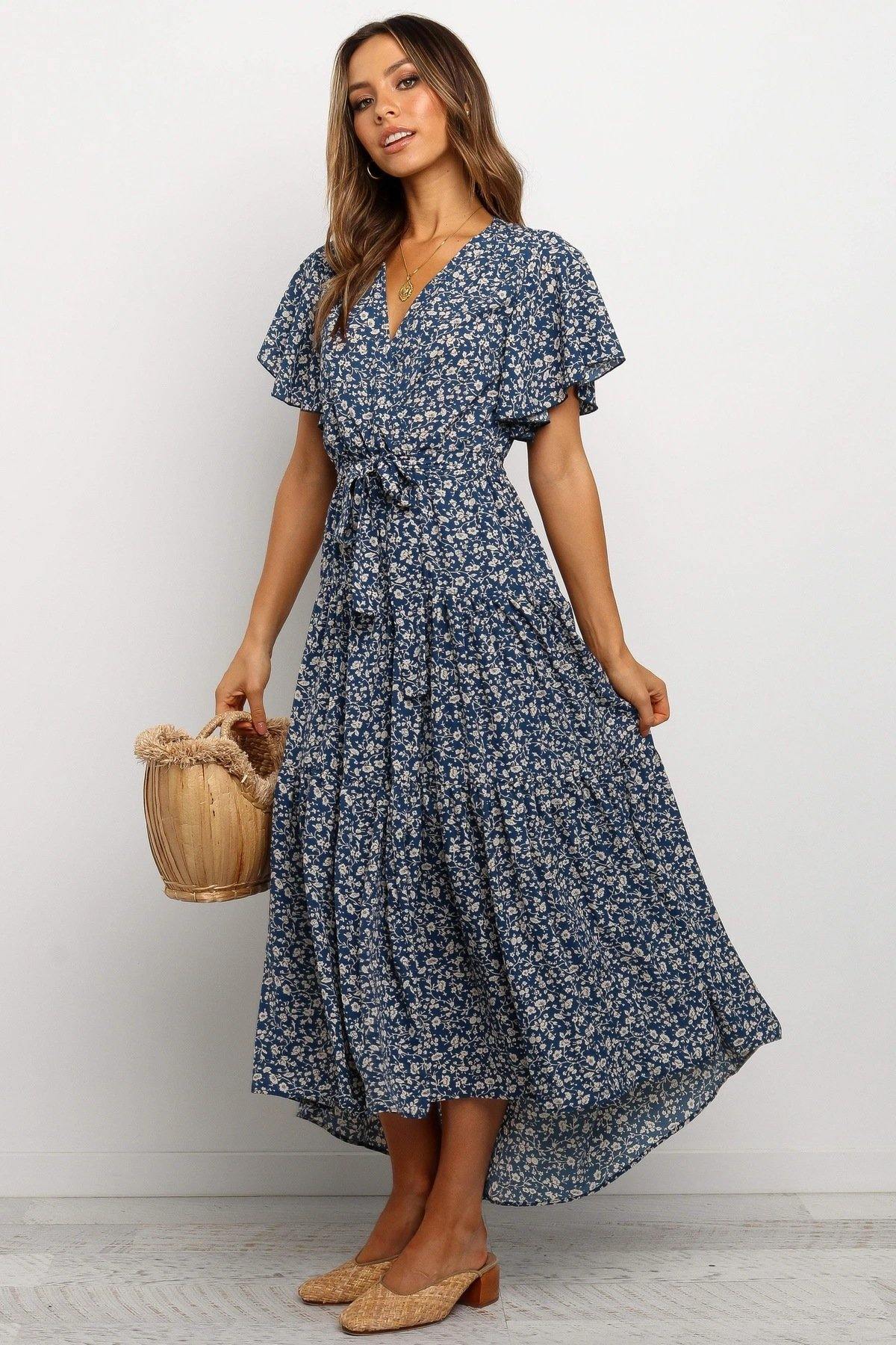 Women Short Sleeves V Neck Midi Dresses-STYLEGOING