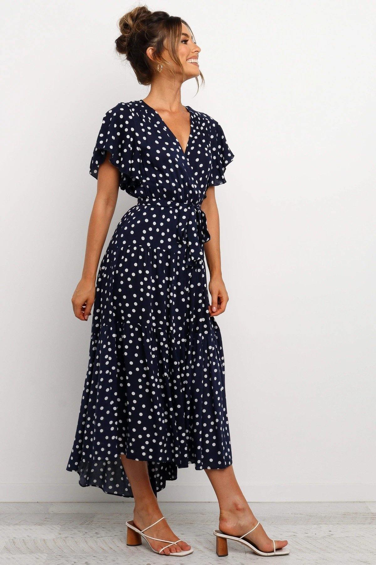 Women Short Sleeves V Neck Midi Dresses-STYLEGOING