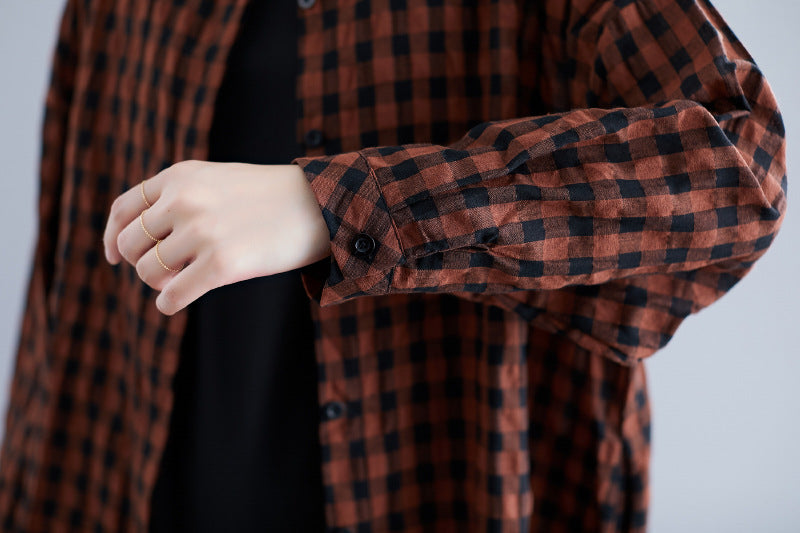 Casual Linen Plaid Plus Sizes Shirt Short Dresses