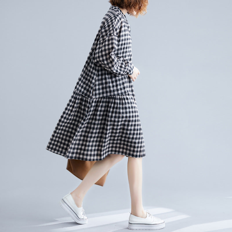 Casual Linen Plaid Plus Sizes Shirt Short Dresses
