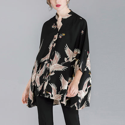 Summer Red-crowned Crane Designed Plus Sizes Women Shirts
