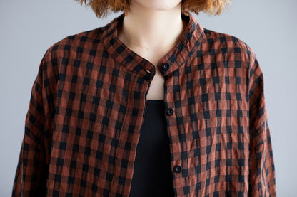 Casual Linen Plaid Plus Sizes Shirt Short Dresses