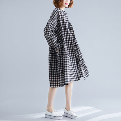 Casual Linen Plaid Plus Sizes Shirt Short Dresses