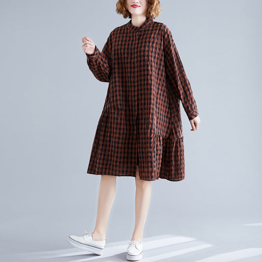 Casual Linen Plaid Plus Sizes Shirt Short Dresses
