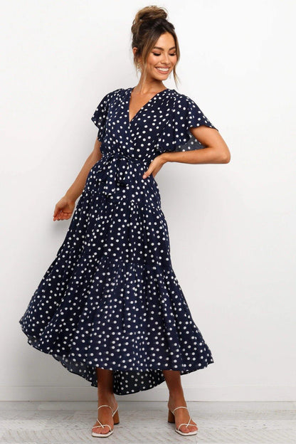 Women Short Sleeves V Neck Midi Dresses-STYLEGOING