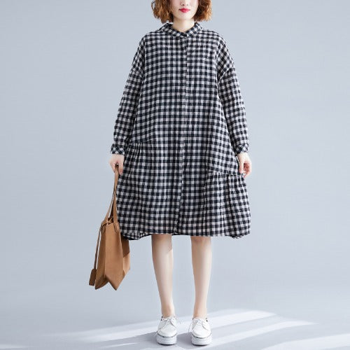 Casual Linen Plaid Plus Sizes Shirt Short Dresses
