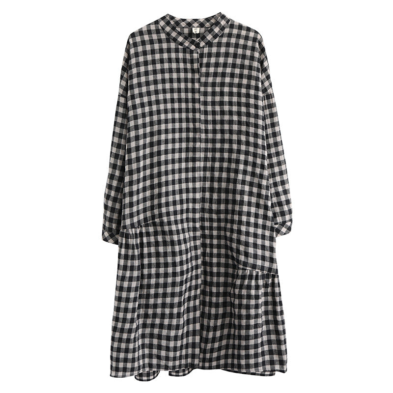 Casual Linen Plaid Plus Sizes Shirt Short Dresses