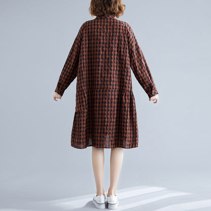 Casual Linen Plaid Plus Sizes Shirt Short Dresses