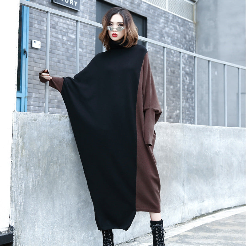 High Neck Knitting Bat Sleeves Irregular Cozy Long Dresses