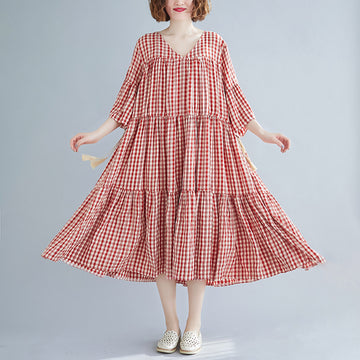 Red Plaid Plus Sizes Summer Midi Dresses