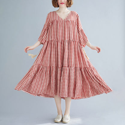 Red Plaid Plus Sizes Summer Midi Dresses
