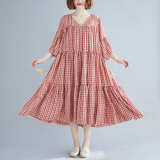 Red Plaid Plus Sizes Summer Midi Dresses