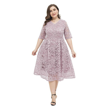 Women Plus Sizes Lace Short Sleeve Dresses-STYLEGOING