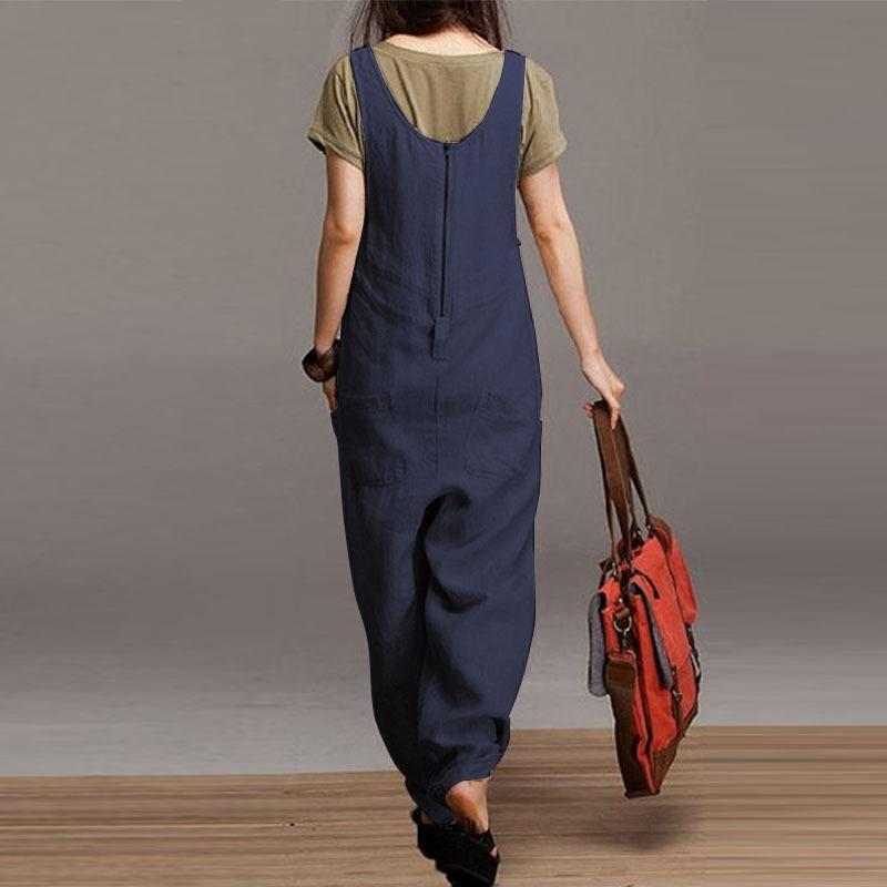 Women Round Neck Casual Pocket Jumpsuits-STYLEGOING