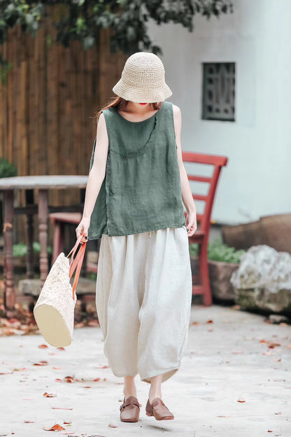 Ethnic Linen Elastic Waist Casual Pants for Women