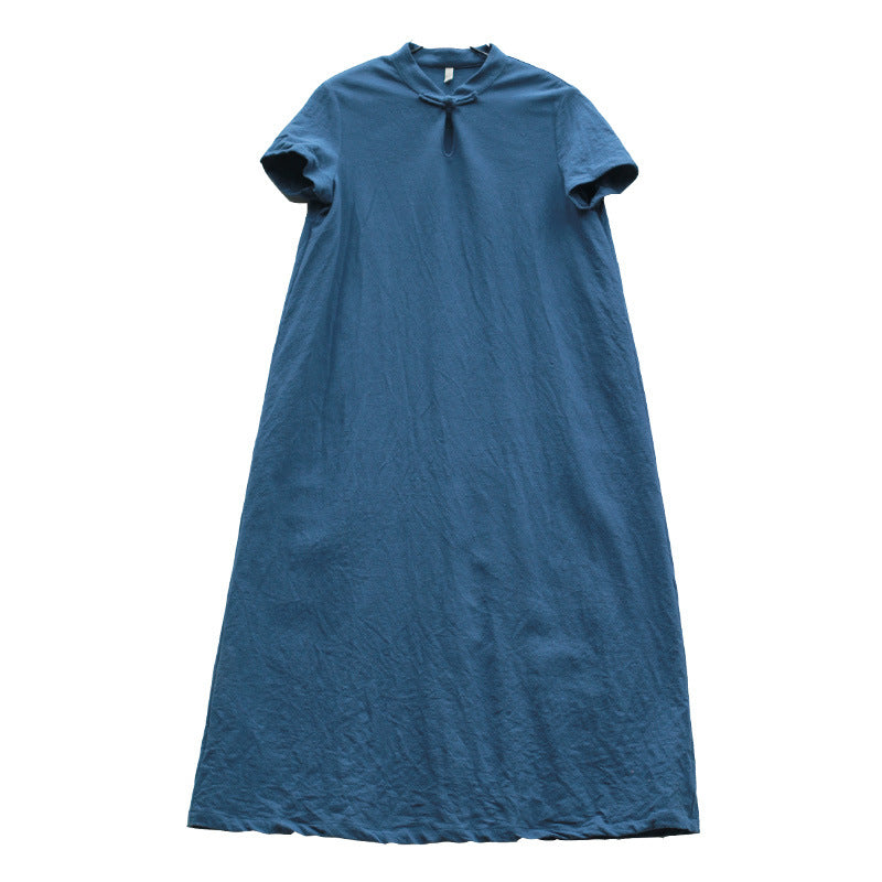 Linen Short Sleeves Stand Collar Vintage Summer Dresses
