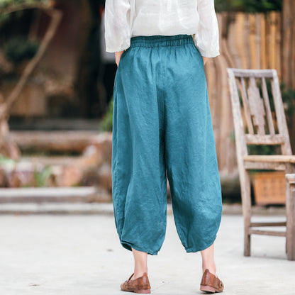 Ethnic Linen Elastic Waist Casual Pants for Women