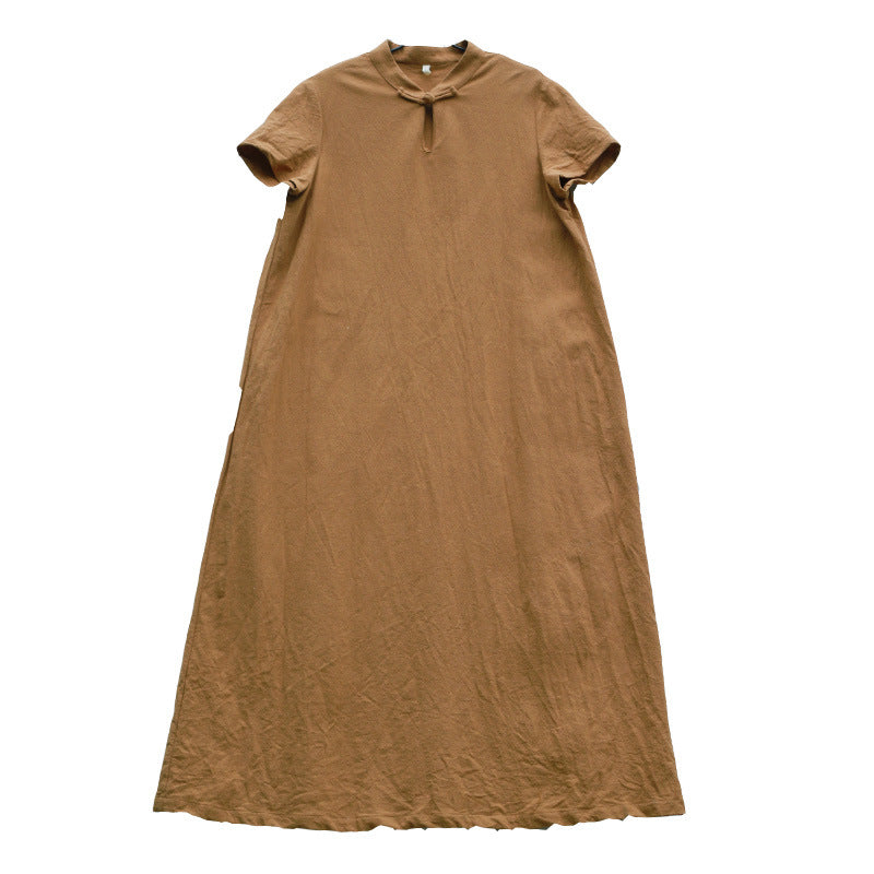 Linen Short Sleeves Stand Collar Vintage Summer Dresses