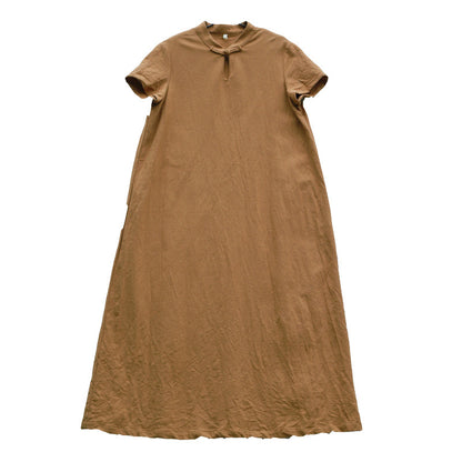 Linen Short Sleeves Stand Collar Vintage Summer Dresses
