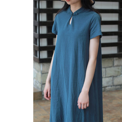 Linen Short Sleeves Stand Collar Vintage Summer Dresses