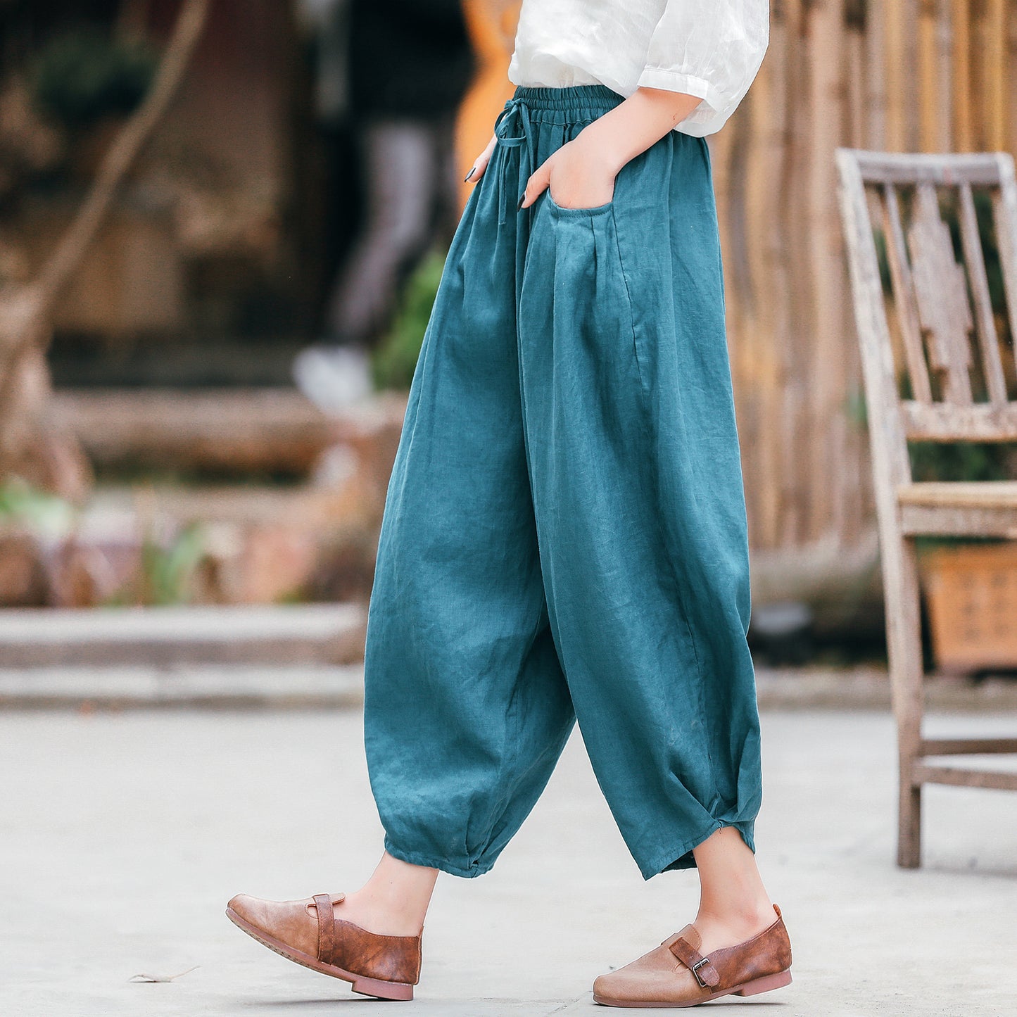 Ethnic Linen Elastic Waist Casual Pants for Women