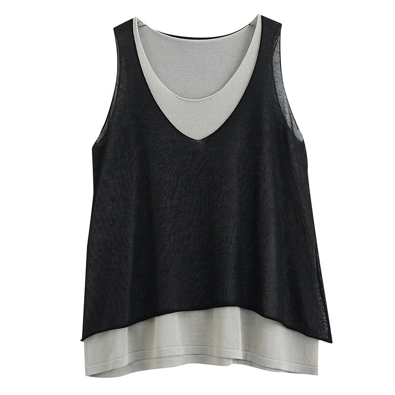 Casual Summer Fake Two Pieces Linen Women Vest Tops