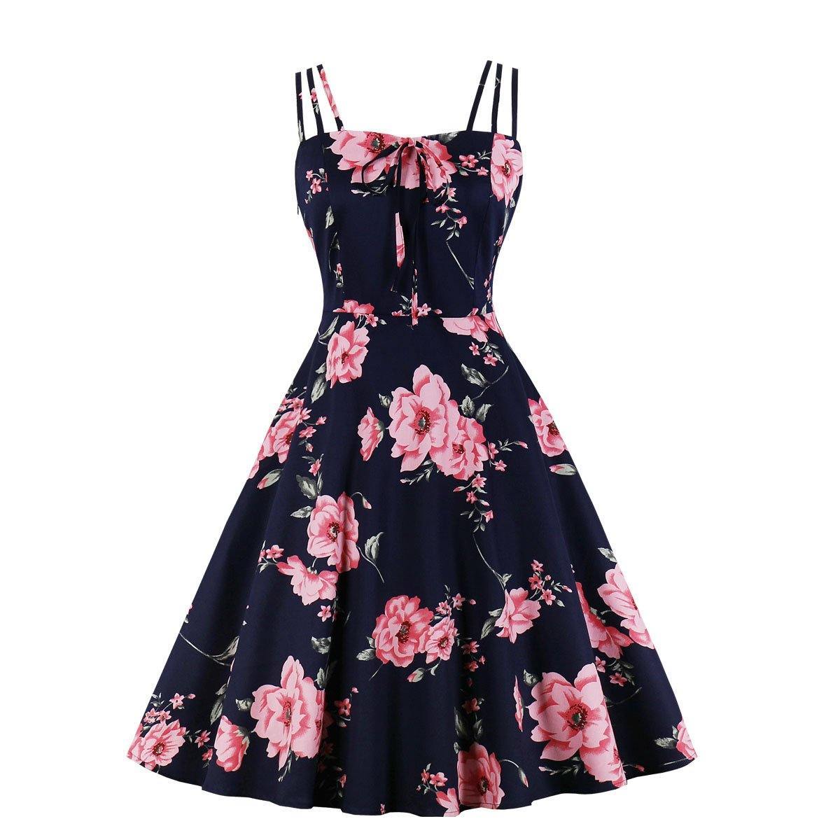 Women Summer Floral Print Retro Dresses-STYLEGOING