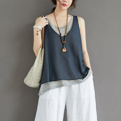Casual Summer Fake Two Pieces Linen Women Vest Tops