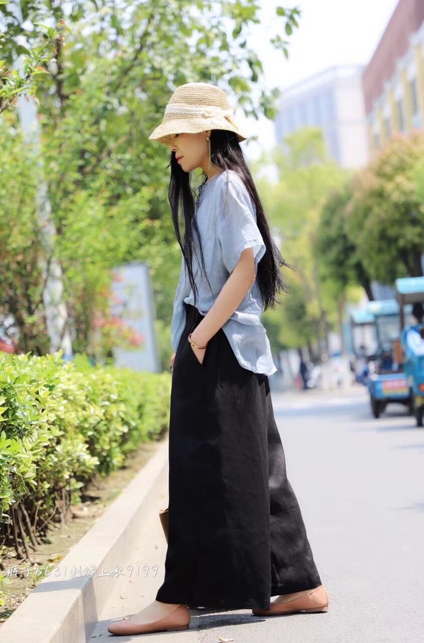 Vintage Elastic Waist Casual Wide Leg Pants