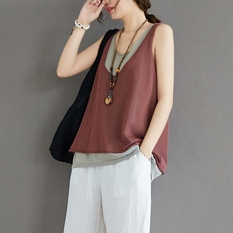 Casual Summer Fake Two Pieces Linen Women Vest Tops