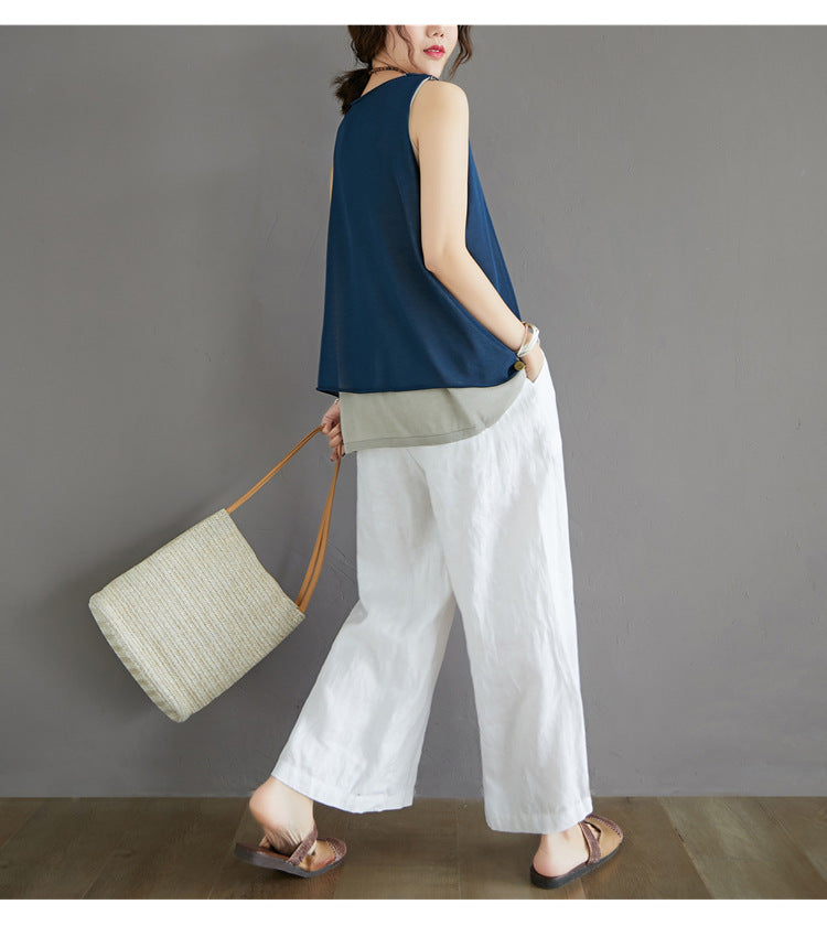 Casual Summer Fake Two Pieces Linen Women Vest Tops