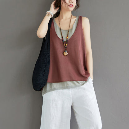 Casual Summer Fake Two Pieces Linen Women Vest Tops
