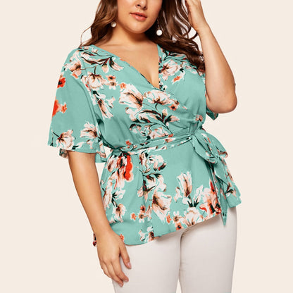 V Neck Short Sleeves Chiffon Plus Sizes Women Blouses