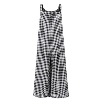 Vintage Women Plaid Loose Sleeveless Jumpsuits-STYLEGOING