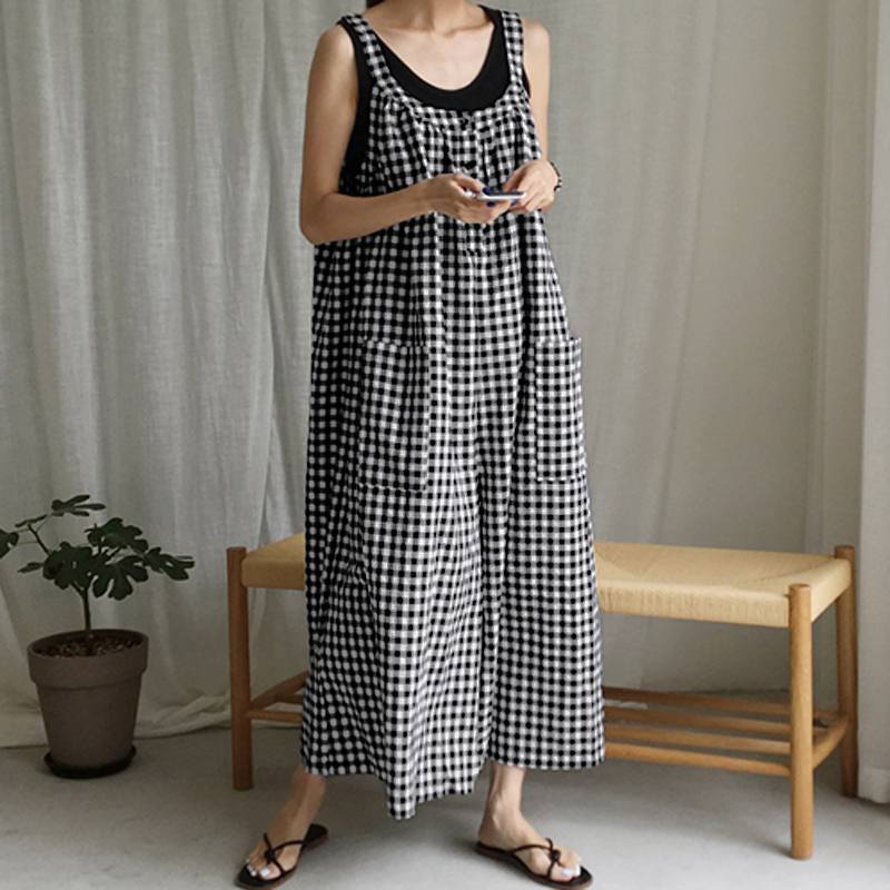 Vintage Women Plaid Loose Sleeveless Jumpsuits-STYLEGOING