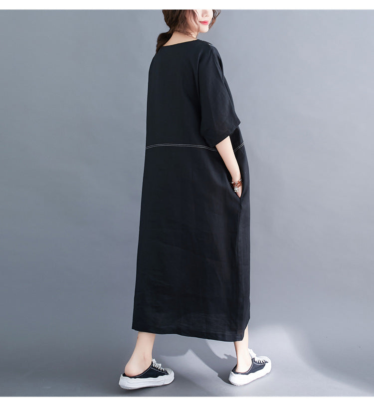 Summer Linen Plus Sizes Black Cozy Dresses