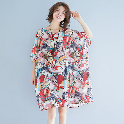 Summer 3D Face Print Chiffon Plus Sizes Short Dresses