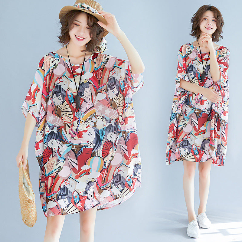 Summer 3D Face Print Chiffon Plus Sizes Short Dresses