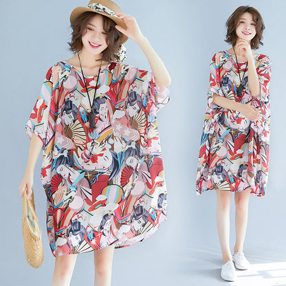Summer 3D Face Print Chiffon Plus Sizes Short Dresses