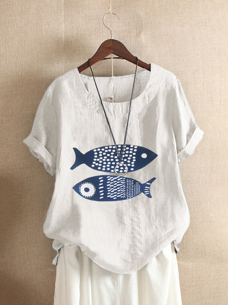 Women Fish Print Short Sleeves Linen Casual T Shirts