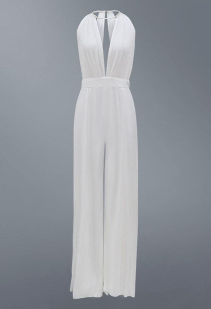 Women White Backless Halter Causal Sexy Jumpsuits-STYLEGOING