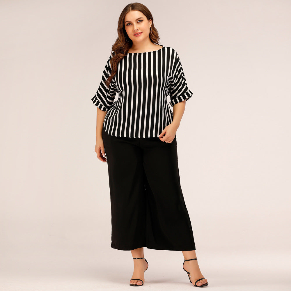 Fashion Striped Plus Sizes Tops and Pants Women Suits